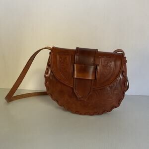 Vintage Mexican Tooled Leather Crossbody Bag Brown Floral Artisan Saddle Bag